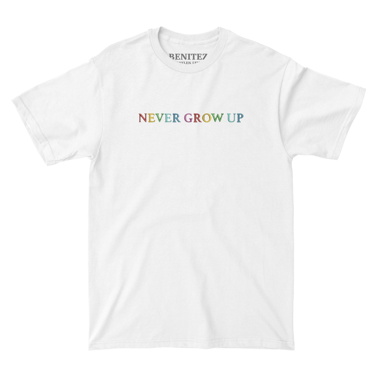Never Grow Up Embroidered White Tee