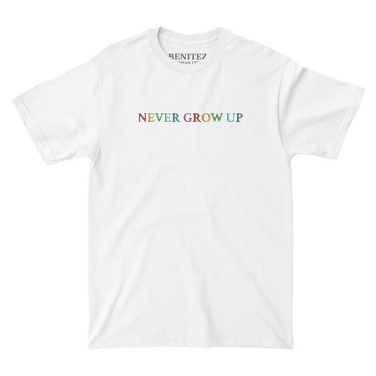 Never Grow Up Embroidered White Tee