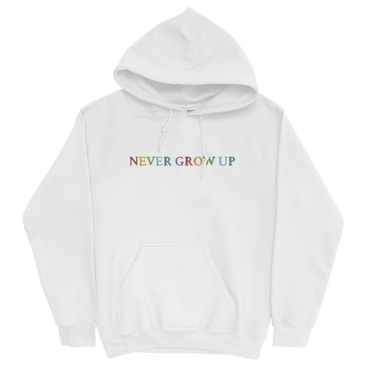 Never Grow Up Embroidered White Hoodie