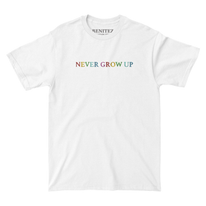 Never Grow Up Embroidered White Tee