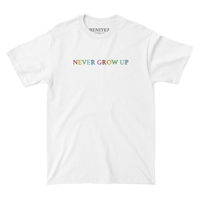 Never Grow Up Embroidered White Tee